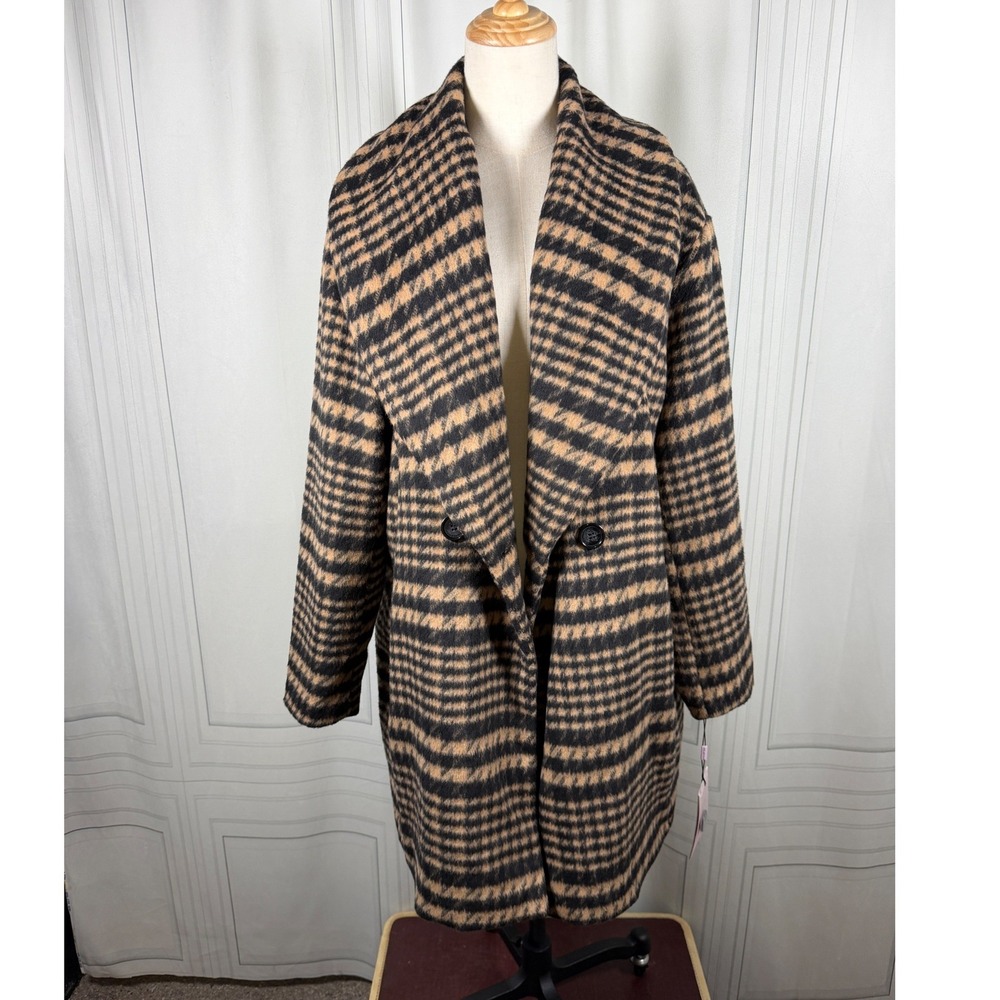 NWT Avec Les Filles Plaid Wool Coat 1X Black Tan Oversized Drop Shoulder